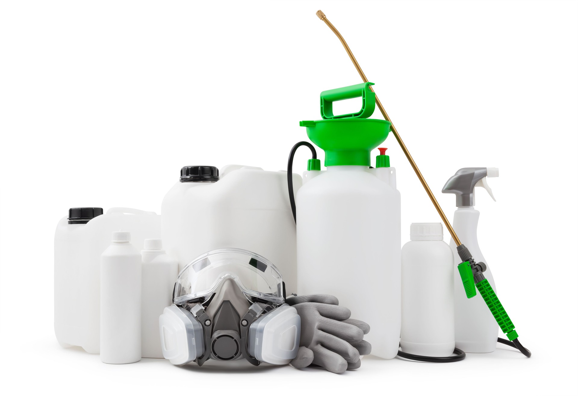 Disinfection, fertilizer and pesticide products isolated on white background with clipping path. Protective respirator mask, pump pressure sprayer and spray bottles for gardening and housekeeping