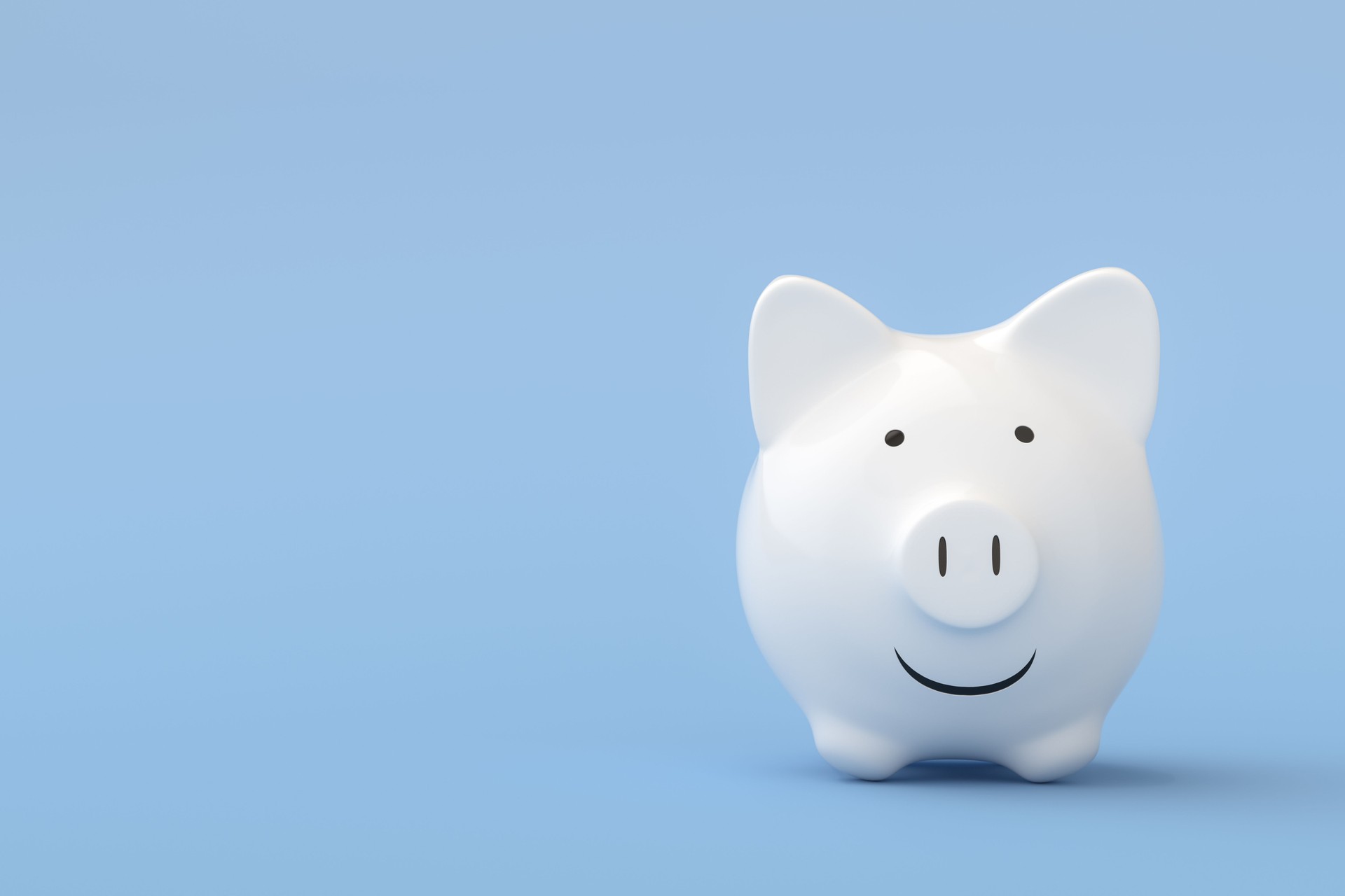Happy White Piggy Bank on blue background